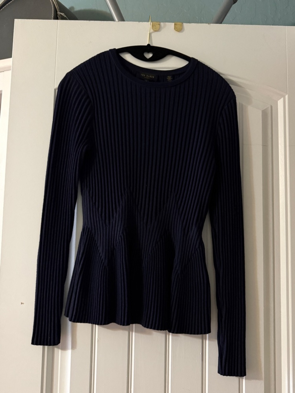 Ted Baker Navy Ribbed Long-Sleeve Peplum Top